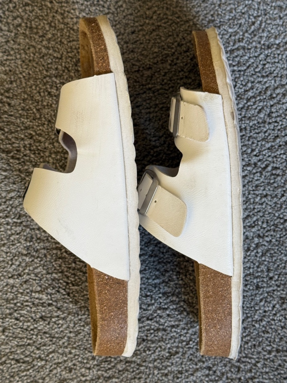 Double-Strap Slide Sandals. White w/Silver Tone Buckles. Leather Insole. Size 8M - Picture 4 of 6